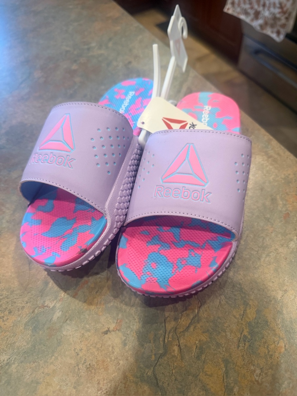 Reebok Kids Lavender Slide Sandals with Pink & Blue Camouflage Footbed